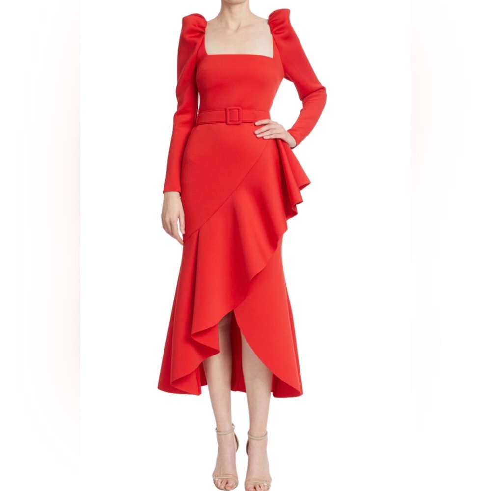 Badgley Mischka Belted Ruffle Dress